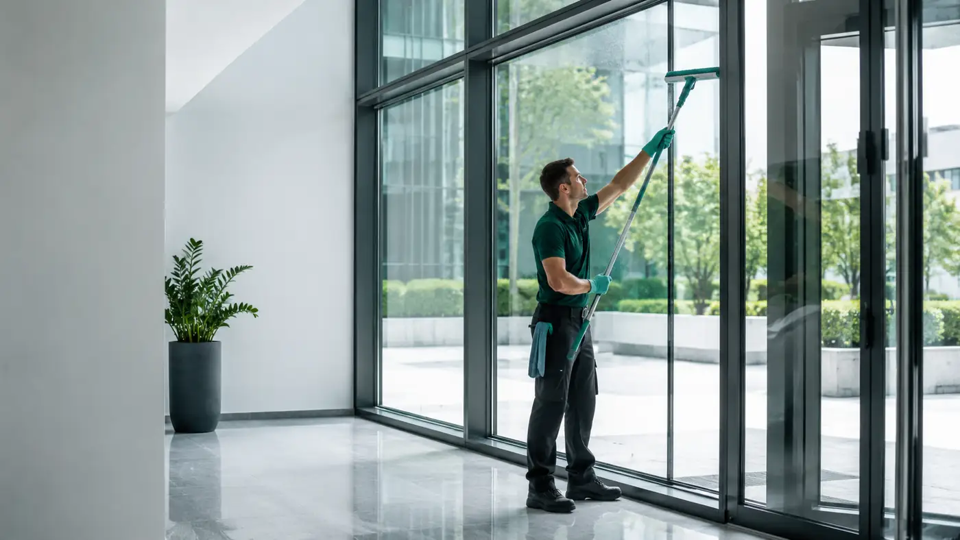 Professionelle Reinigung großer sicher erreichbarer Glasflächen