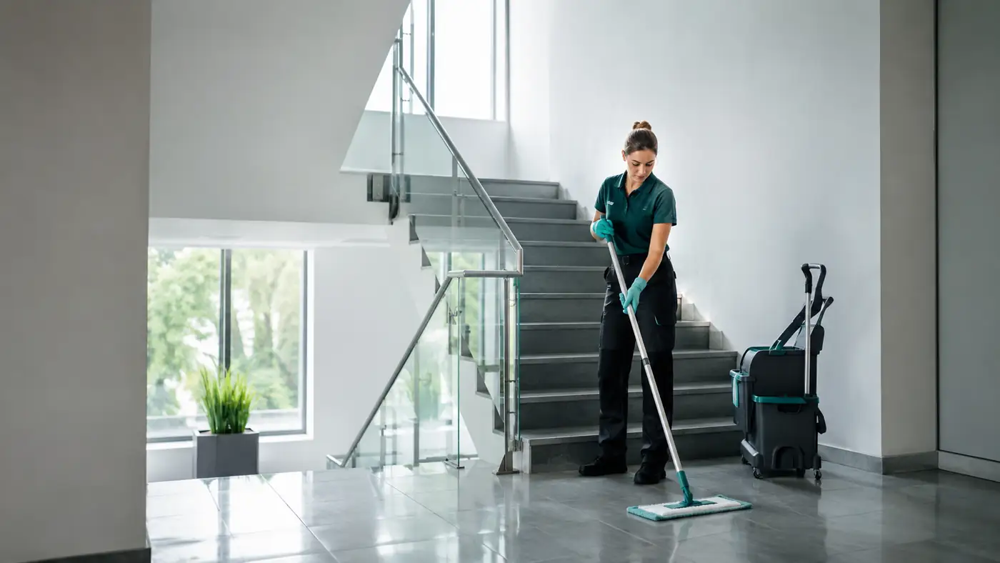 Professionelle Reinigung eines hellen modernen Stiegenhauses