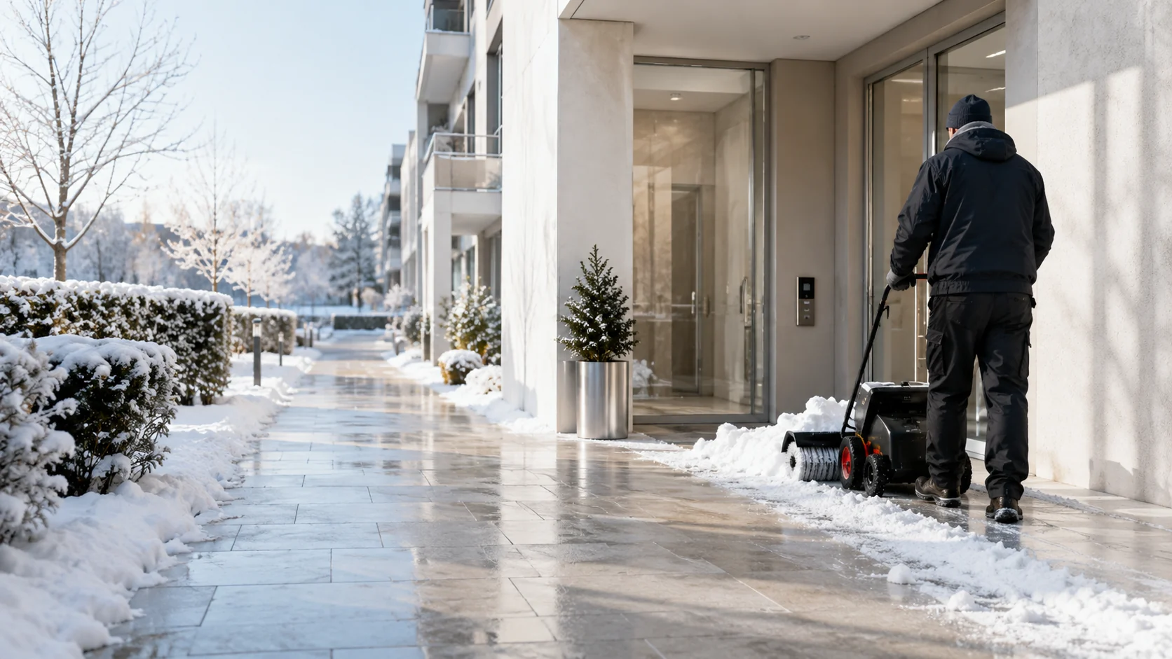 Winterdienst an einem modernen Wohngebäude mit geräumtem und betreutem Zugangsbereich
