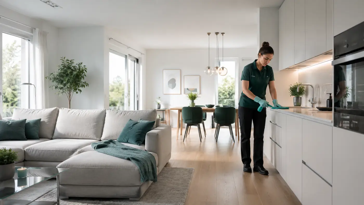 Sorgfältige Reinigung einer modernen Wohnung und Küche